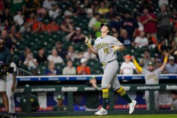 Athletics' Nick Kurtz celebrates after hitting a three-run home against the Houston Astros duri ...