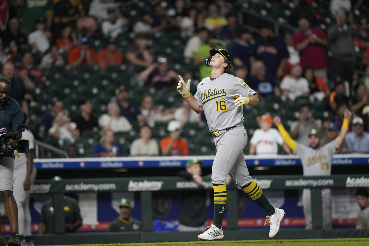 Athletics' Nick Kurtz celebrates after hitting a three-run home against the Houston Astros duri ...