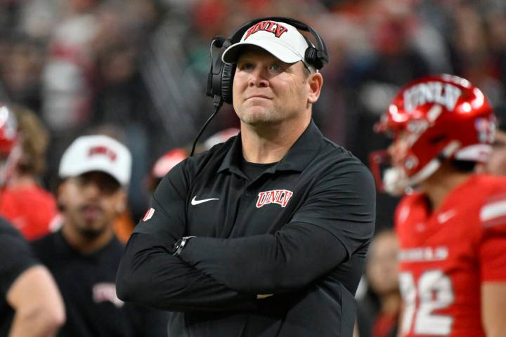 UNLV head coach Barry Odom looks on from the sideline during the second half of an NCAA college ...