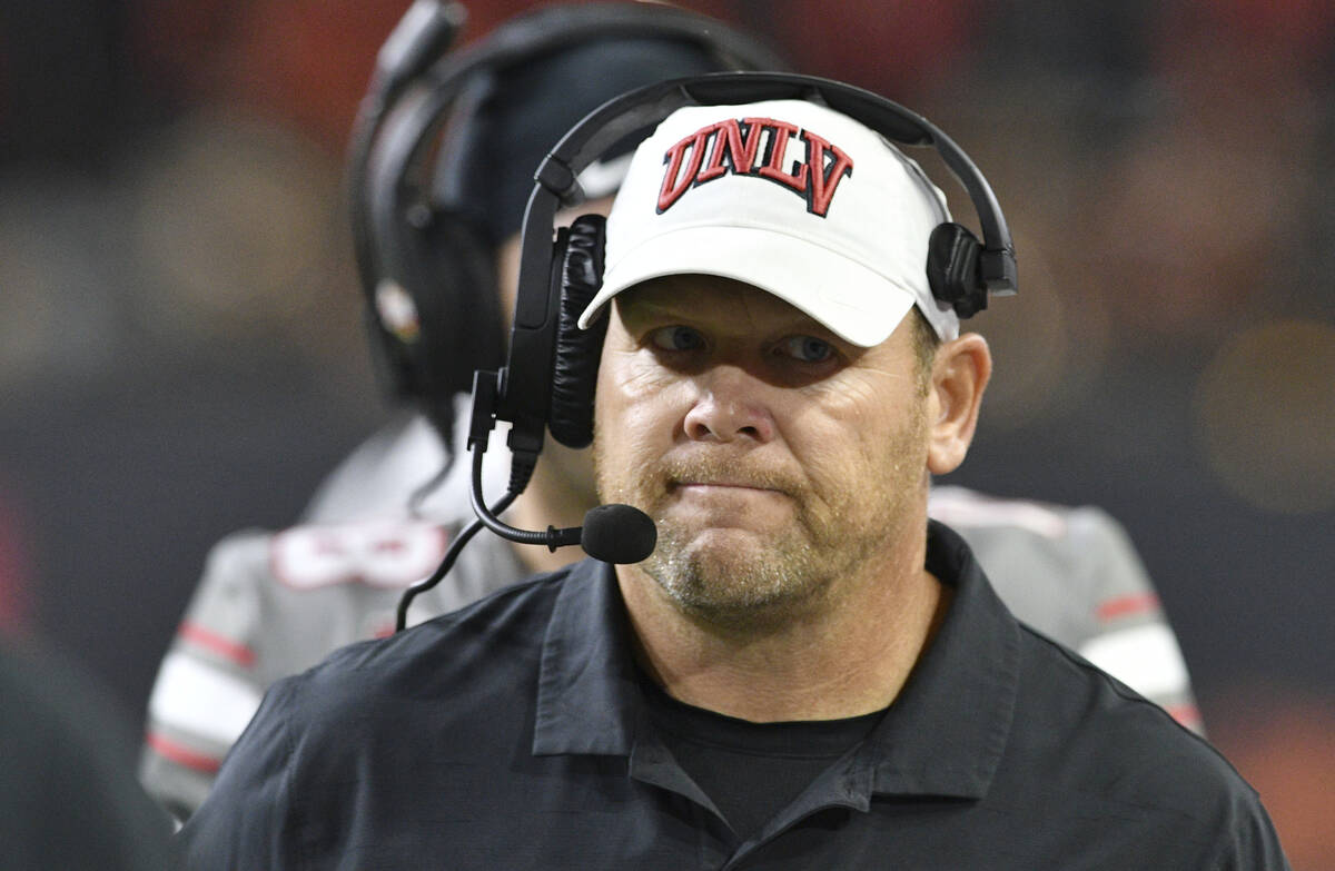 UNLV head coach Barry Odom walks the sidelines at Oregon State during the second half of an NCA ...
