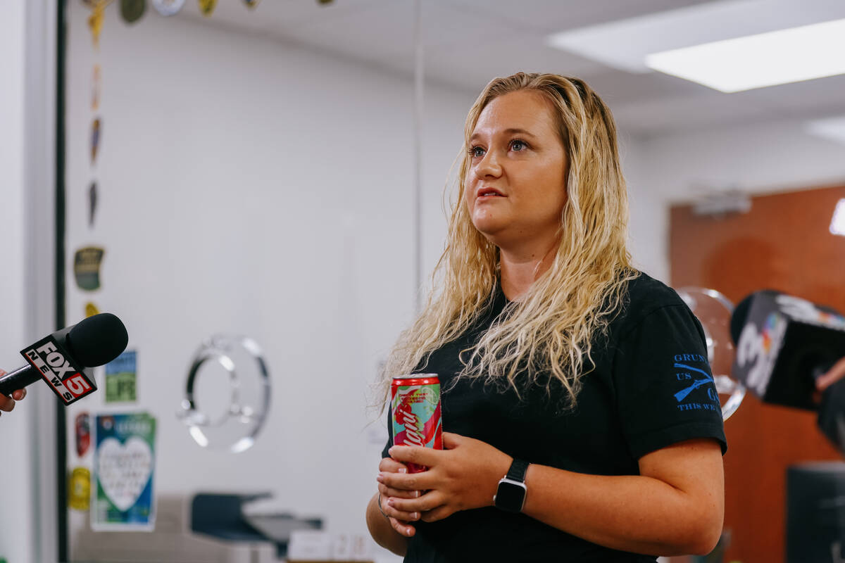 Joanna May speaks about her husband, Micah May, during the Nevada Highway Patrol’s annual “ ...