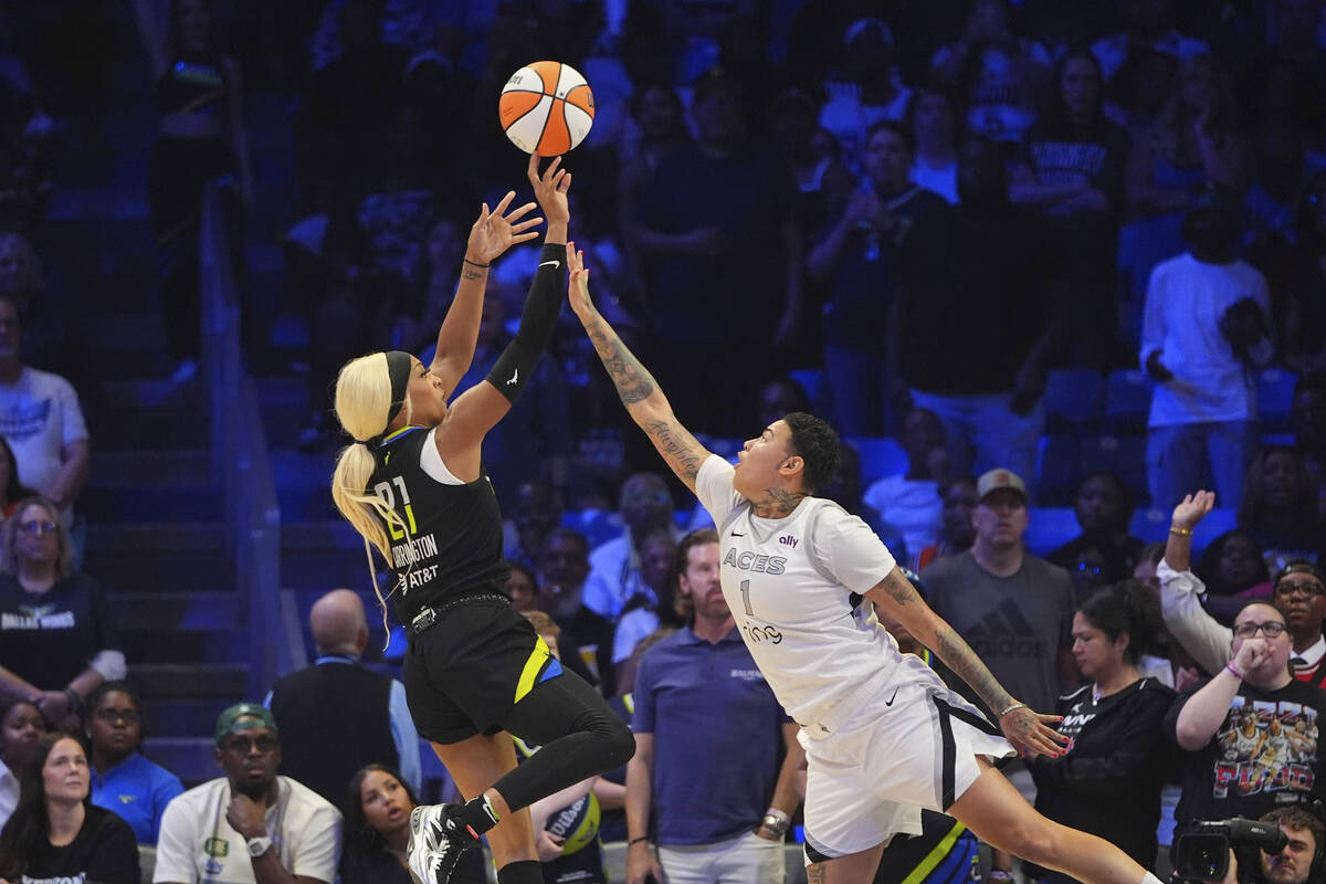 Dallas Wings guard DiJonai Carrington (21) shoots against Las Vegas Aces forward Kierstan Bell ...