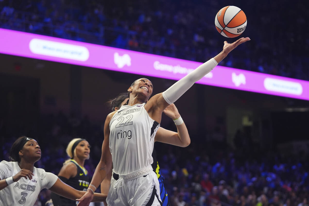 Las Vegas Aces center A'ja Wilson (22) reaches for the rebound during the first half of a WNBA ...