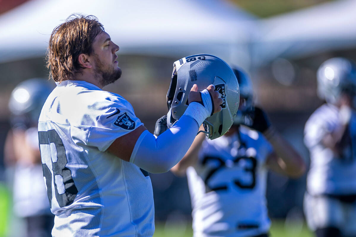 Raiders guard Jackson Powers-Johnson (58) readies for drills on the second day of training camp ...