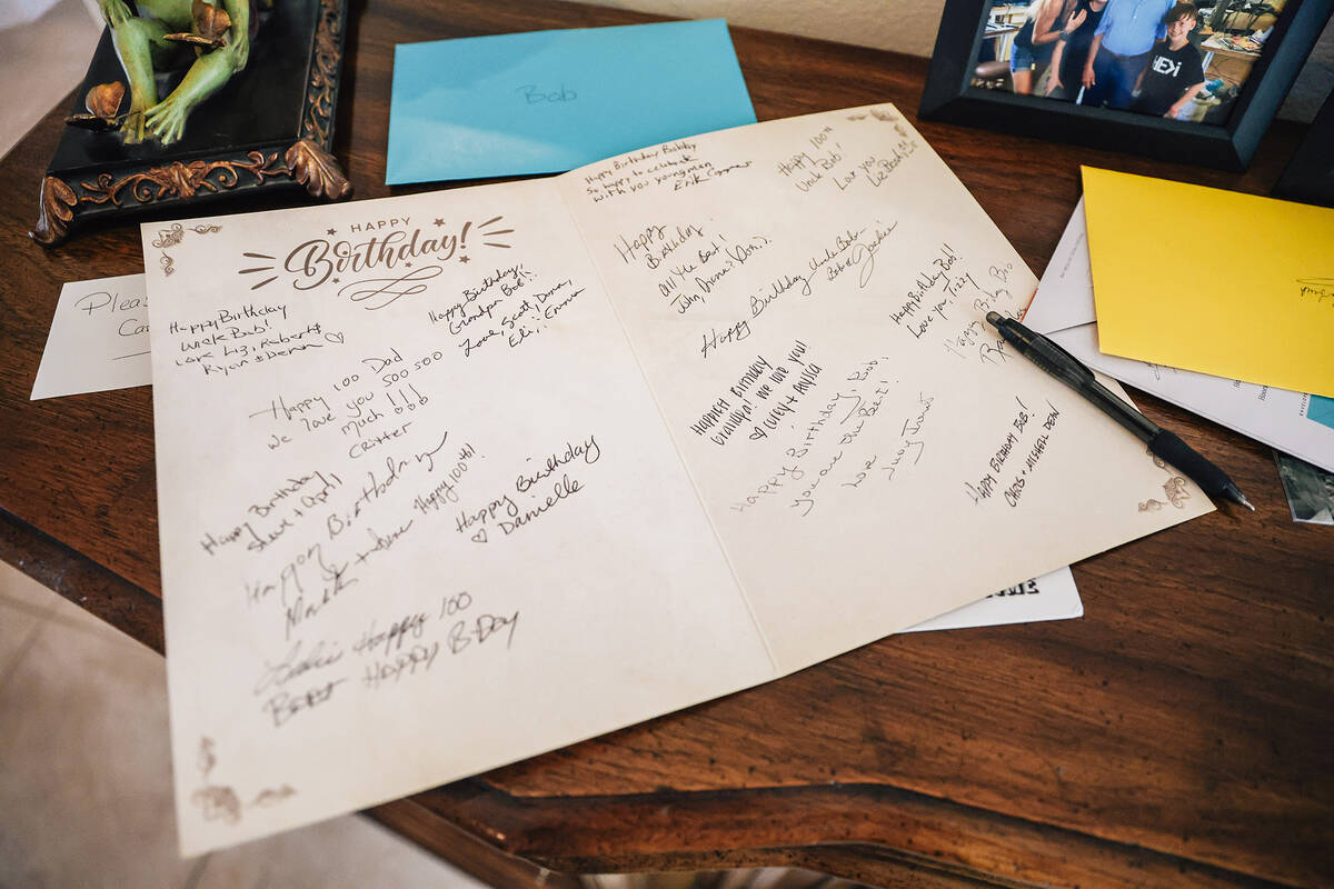 A birthday card sits out during a birthday party for Robert “Bob” Lee Trent, who ...