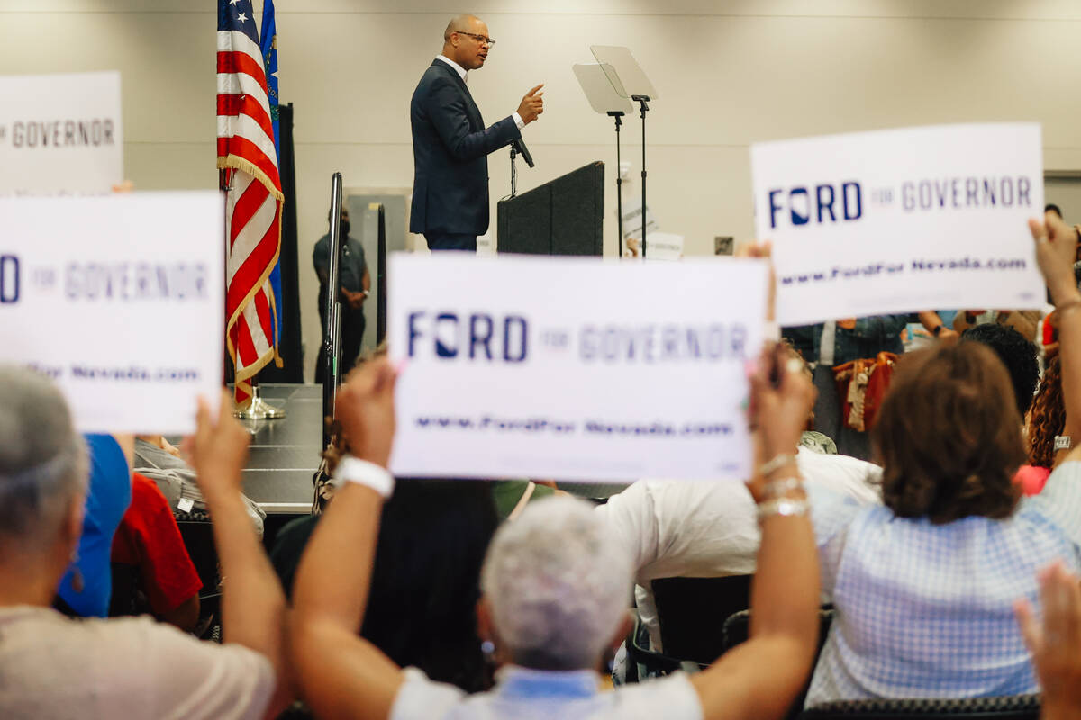 Supporters cheer for Nevada Attorney General Aaron Ford during his governor campaign kick off e ...