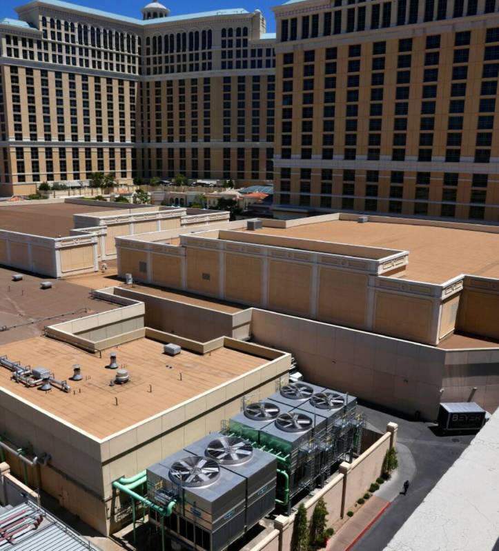 Evapco's hybrid fluid coolers, bottom center, are seen at the Bellagio hotel-casino on Monday, ...
