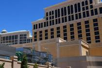 Evapco's hybrid fluid coolers, left, are seen at the Bellagio hotel-casino on Monday, July 28, ...