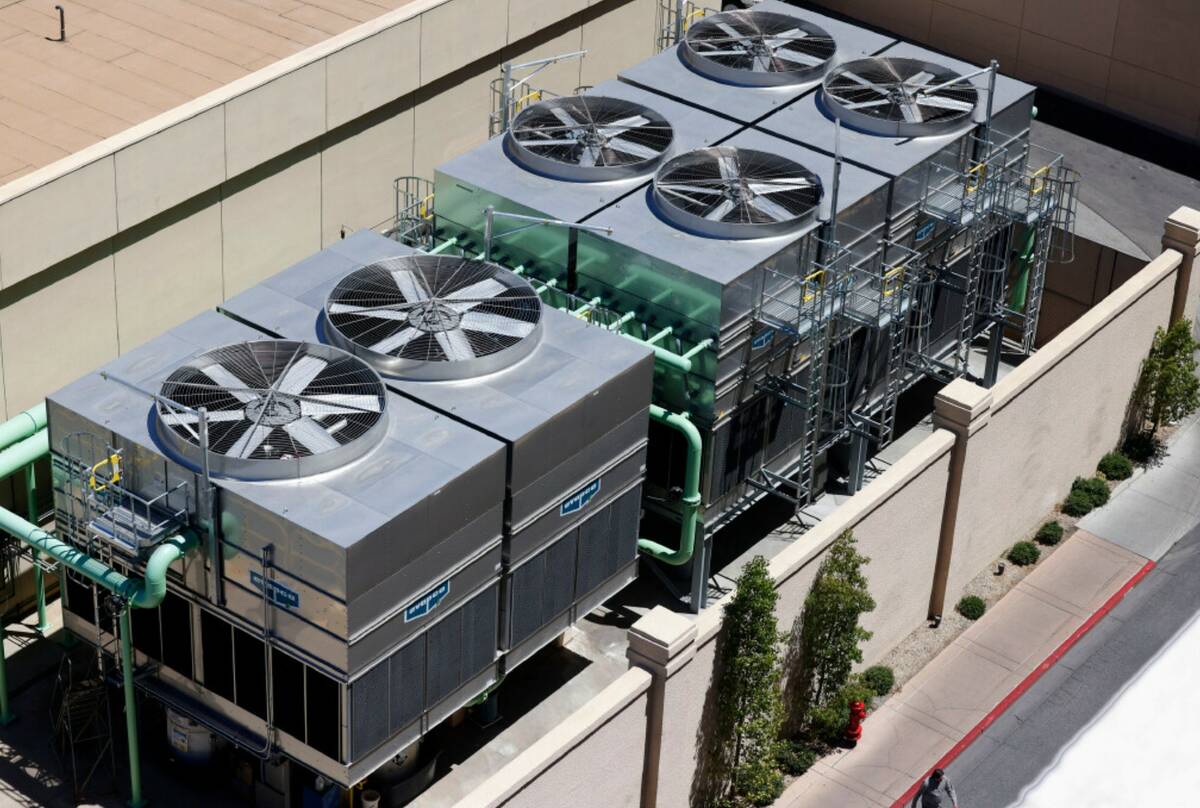 Evapco's hybrid fluid coolers are seen at the Bellagio hotel-casino on Monday, July 28, 2025, i ...