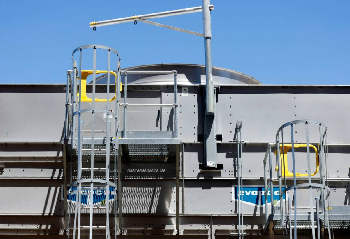 Evapco's hybrid fluid cooler is seen at the Bellagio hotel-casino on Monday, July 28, 2025, in ...