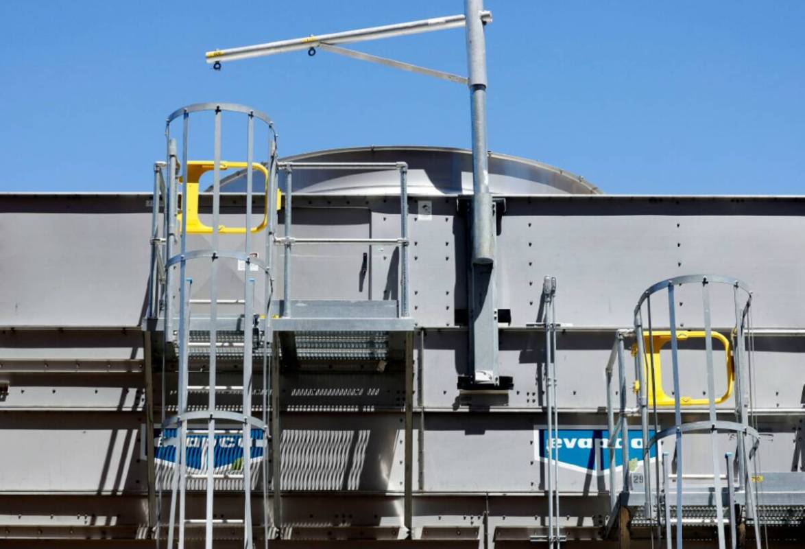 Evapco's hybrid fluid cooler is seen at the Bellagio hotel-casino on Monday, July 28, 2025, in ...