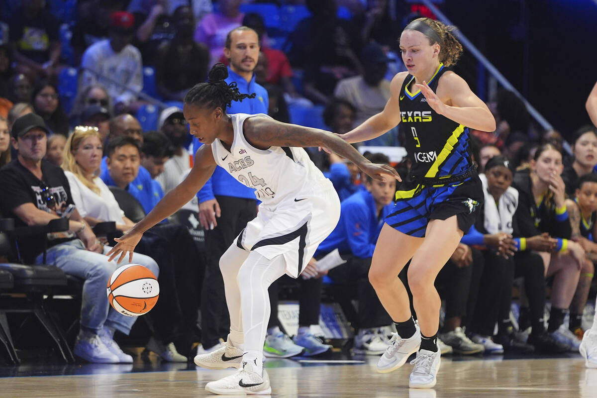 Las Vegas Aces guard Jewell Loyd (24) dribbles during the first half of a WNBA basketball game ...