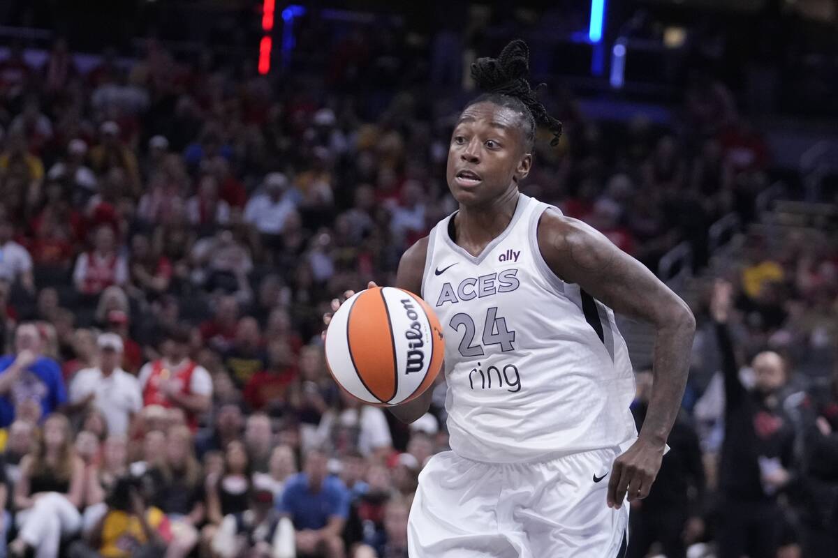 Las Vegas Aces' Jewell Loyd dribbles during the second half of a WNBA basketball game against t ...