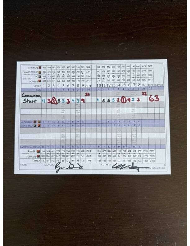 Cameron Starr's scorecard from July 25 at TPC Summerlin showing his two albatrosses on Nos. 3 a ...
