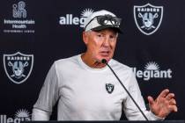 Raiders head coach Pete Carroll answers a question during an interview on the third day of trai ...
