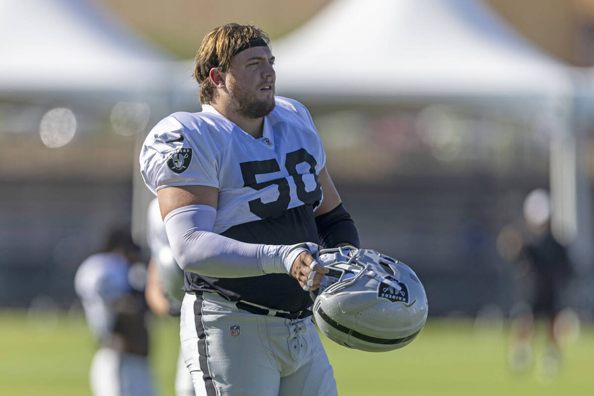 Raiders guard Jackson Powers-Johnson (58) gets ready to put on his helmet during the team&#x201 ...