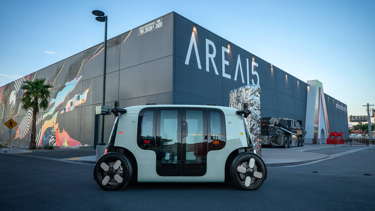 A Zoox robotaxi sits outside of Area 15 in Las Vegas. (Zoox)