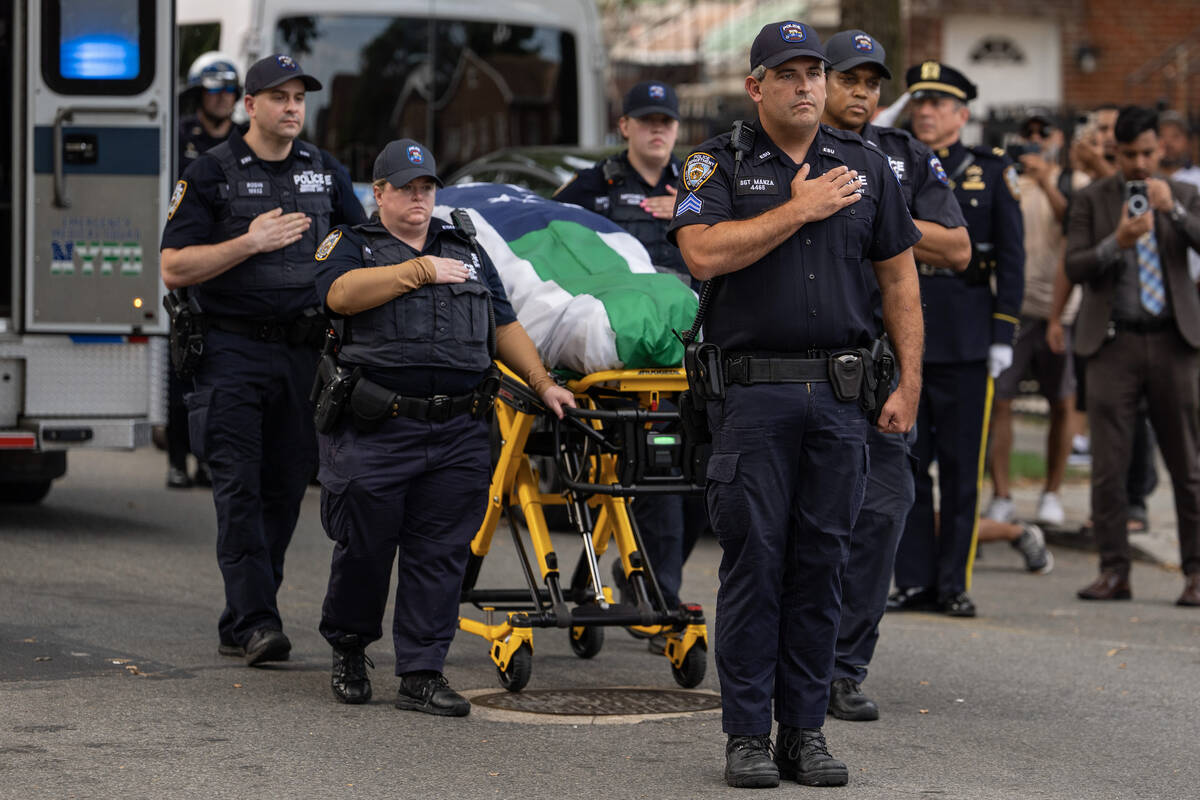 A casket of NYPD Officer Didarul Islam arrives at Parkchester Jame Masjid after Monday's deadly ...