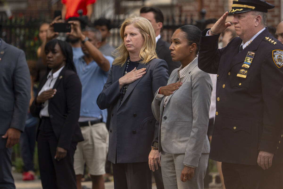 New York City Police Commissioner Jessica Tisch stands outside Parkchester Jame Masjid as a cas ...