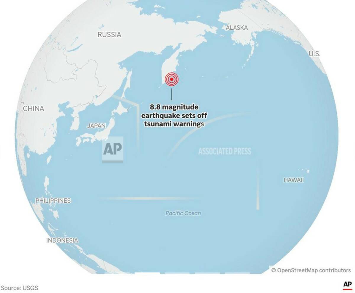 The map above locates the epicenter of an 8.8 magnitude earthquake in Russia that has triggered ...