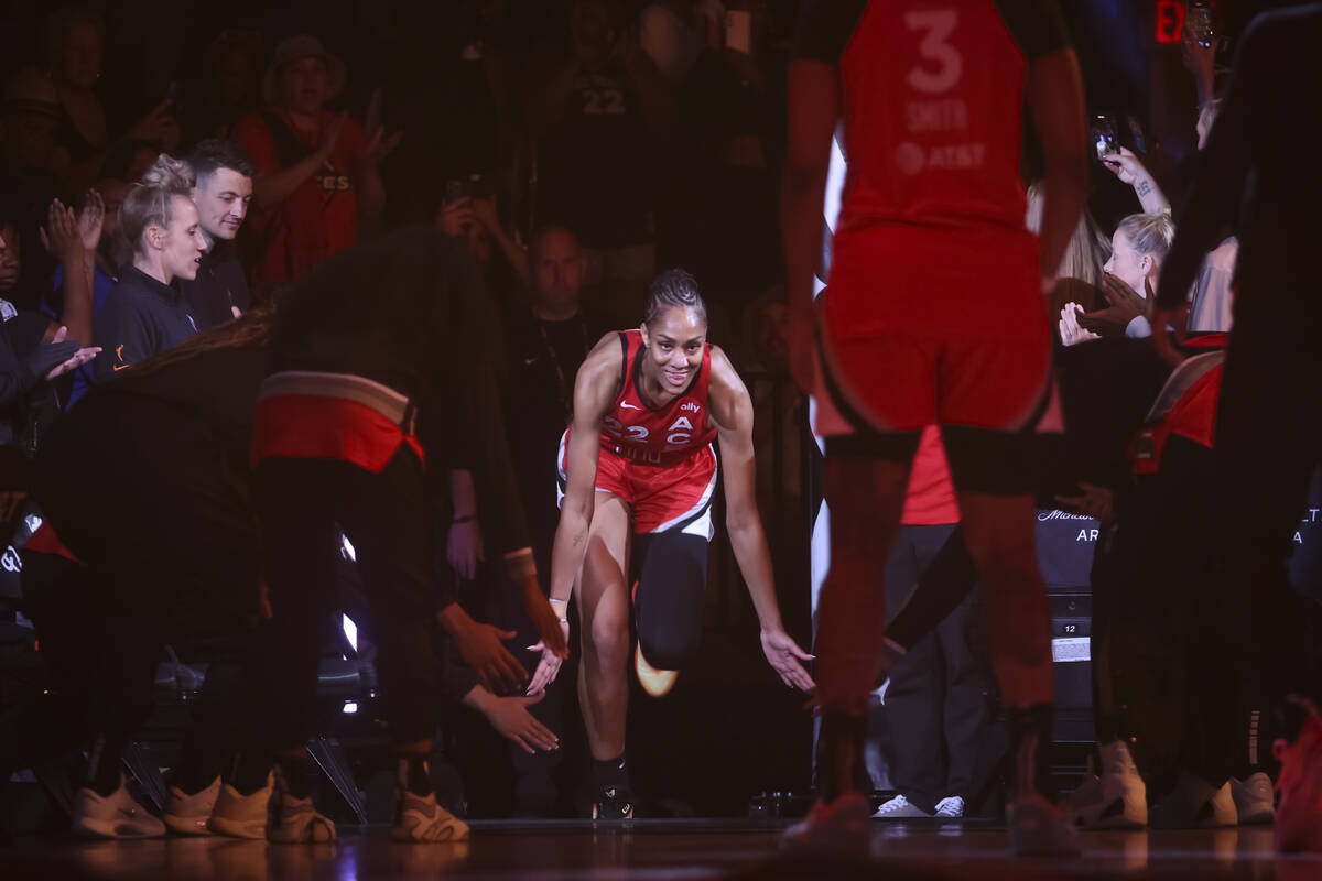 Aces center A'ja Wilson (22) is introduced before playing the Atlanta Dream in a WNBA basketbal ...