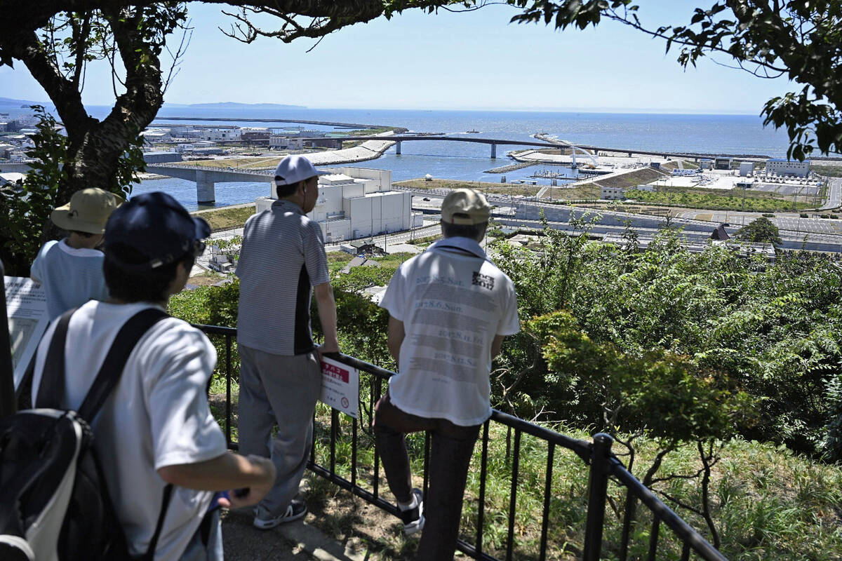 People who evacuated to Hiyoriyama mountain watch toward the sea in Ishinomaki, Miyagi prefectu ...