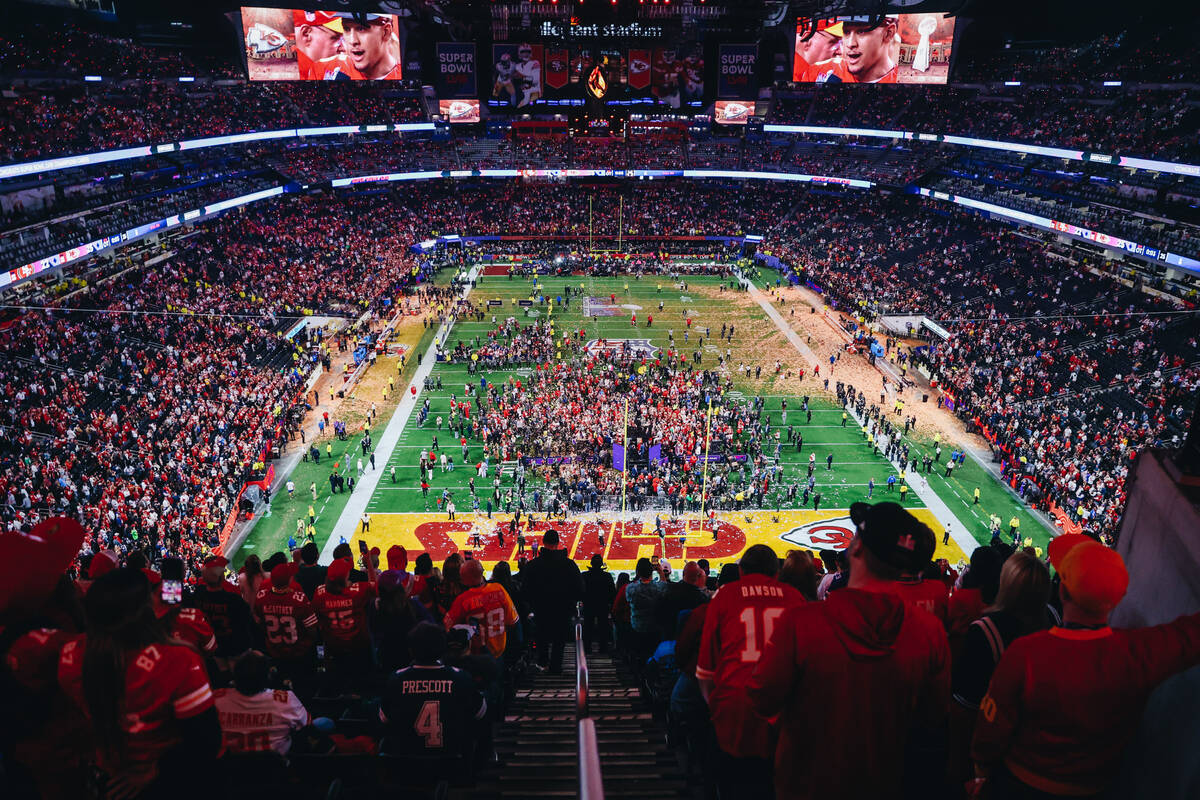 The Kansas City Chiefs celebrate winning Super Bowl 58 at Allegiant Stadium on Sunday, Feb. 11, ...