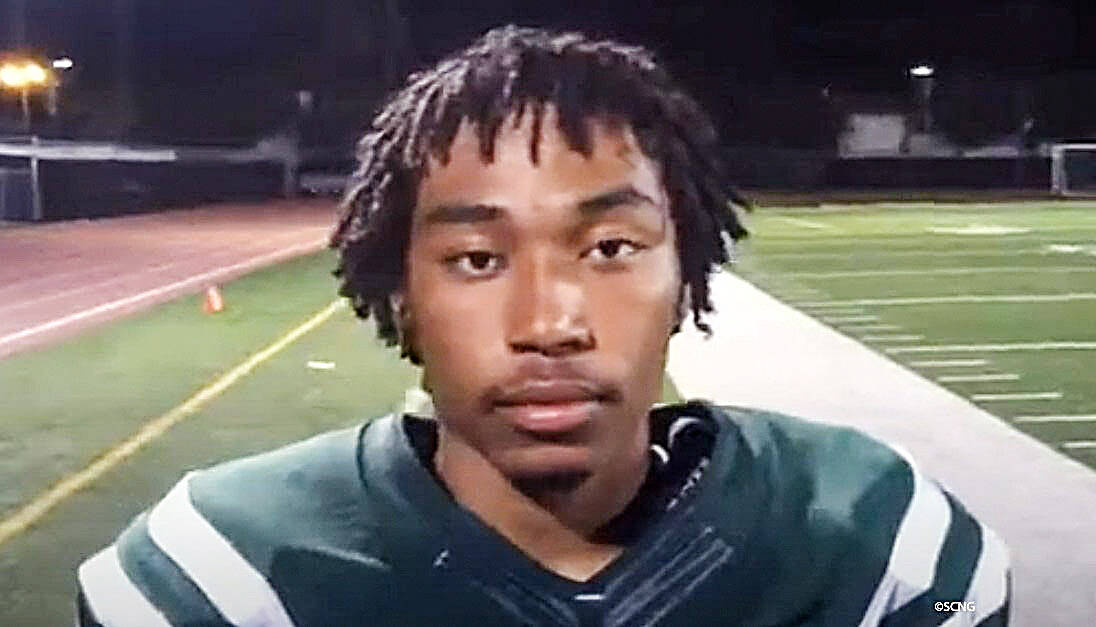 This is a screen grab of Granada Hills football player Shane Tamura being nterviewed after a ga ...