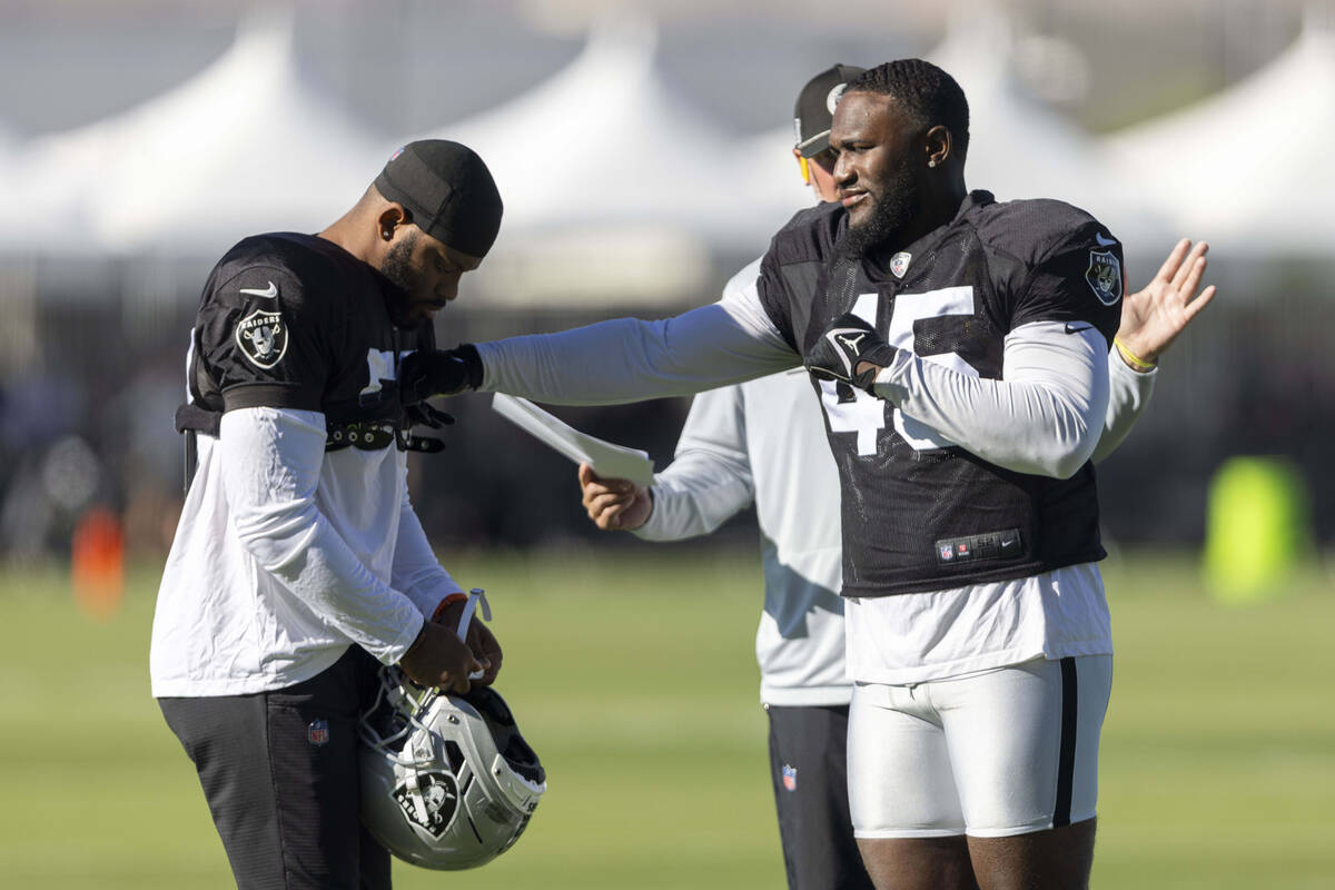 Raiders linebacker Devin White (45) playfully punches linebacker Elandon Roberts (52) during th ...