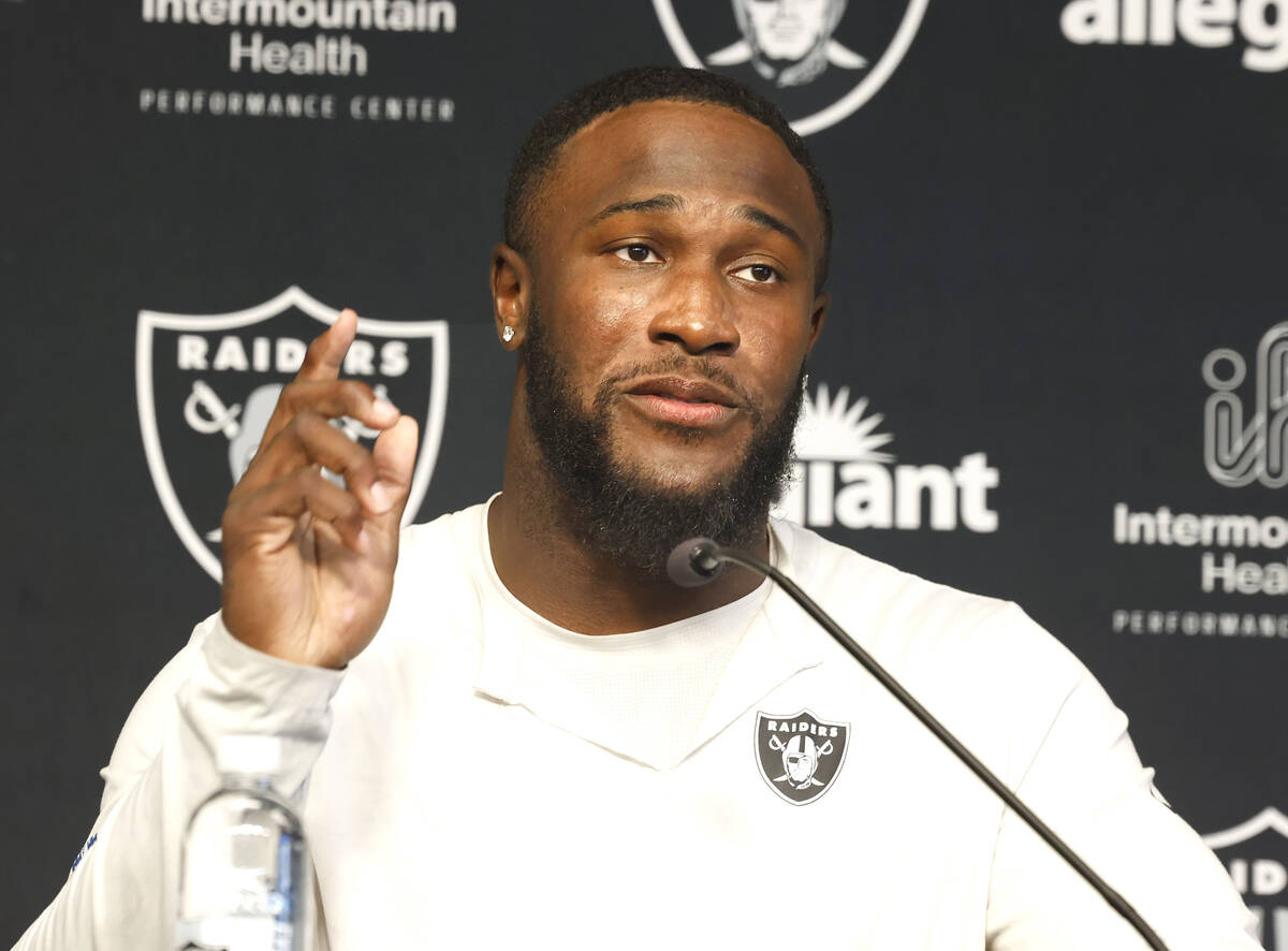 Raiders linebacker Devin White addresses the media after the team’s training camp at the ...