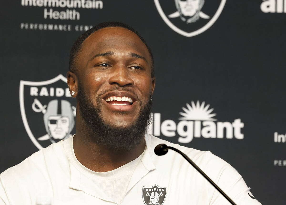 Raiders linebacker Devin White addresses the media after the team’s training camp at the ...