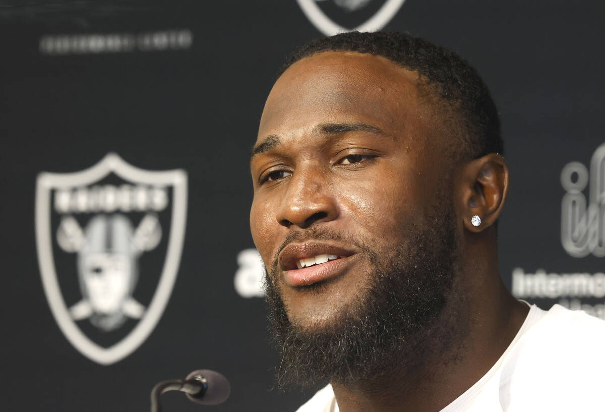Raiders linebacker Devin White addresses the media after the team’s training camp at the ...