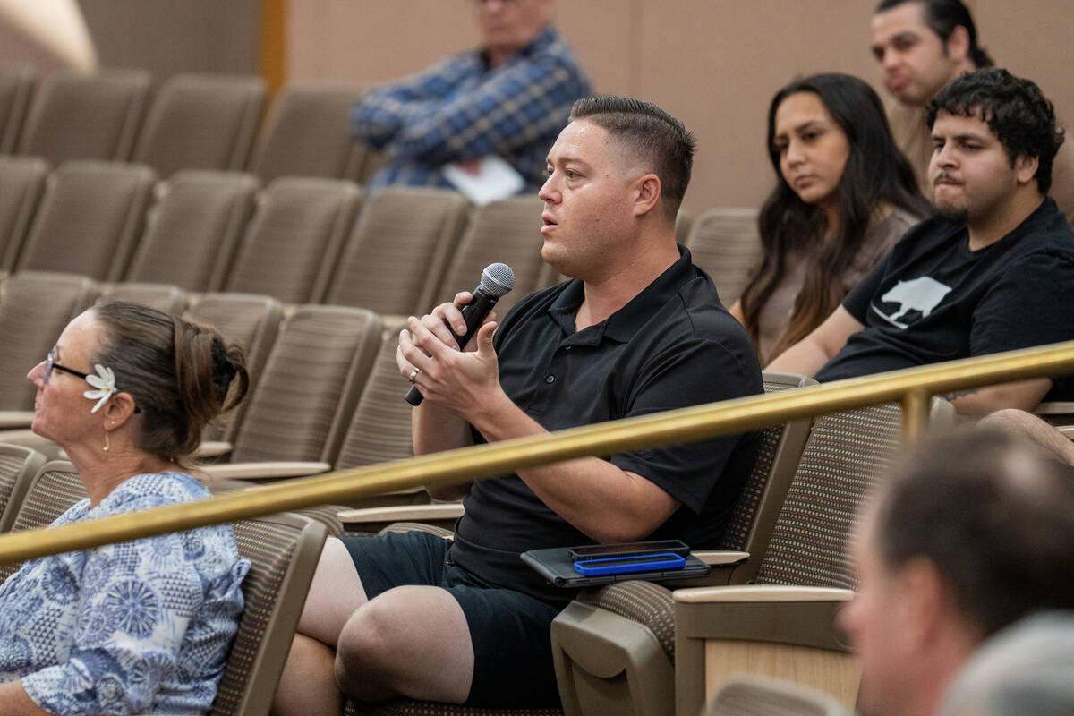 Kyle Carlson, owner of Sanchez Tacos LV, asks a question during a public workshop with other fo ...