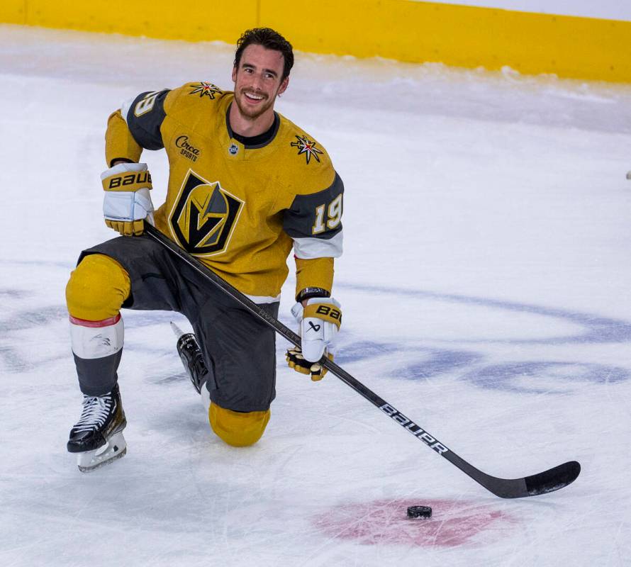 Golden Knights right wing Reilly Smith (19) smiles at fans during the warm up period of their N ...