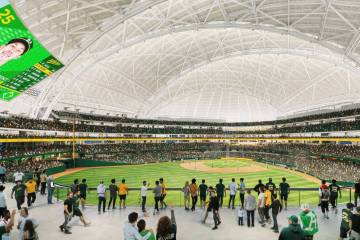 An artist rendering of the Athletics' planned Las Vegas ballpark shown during a March 6, 2025, ...
