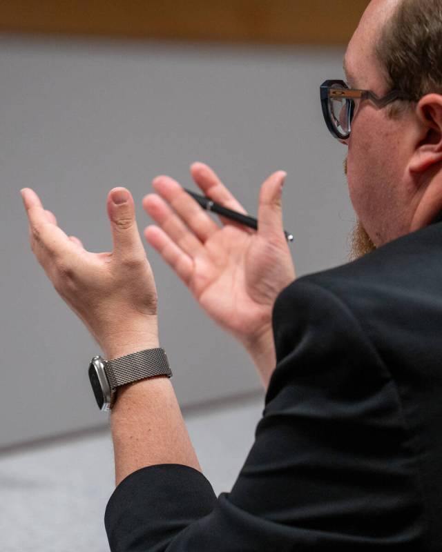 Attorney Timothy Treffinger speaks to Judge Vincent Ochoa on behalf of his client, Logan Giffor ...