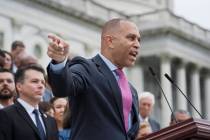 House Minority Leader Hakeem Jeffries, D-N.Y., and the Democratic Caucus, assemble on the steps ...