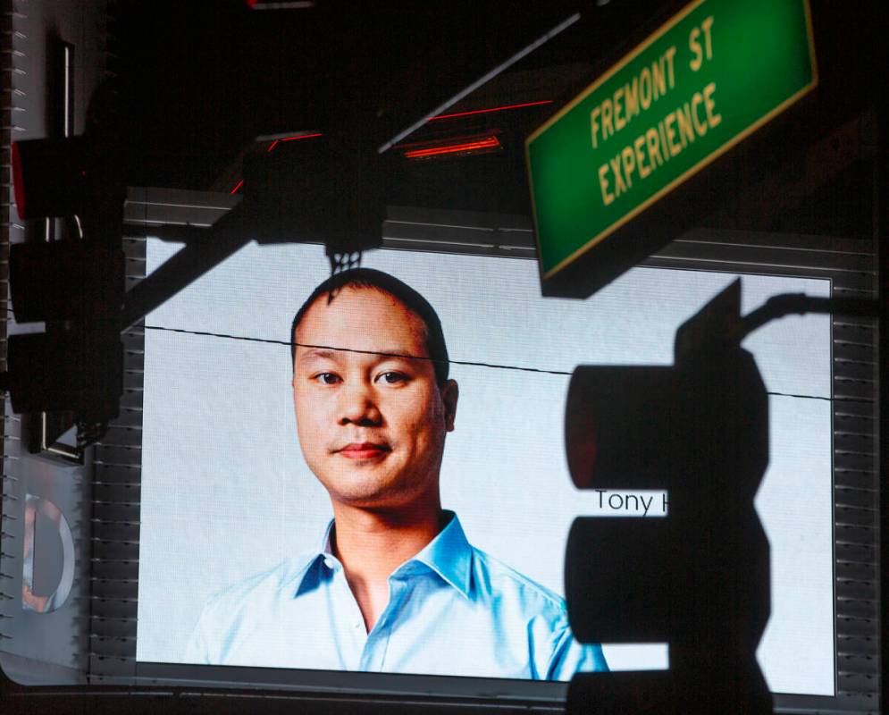 Tributes to the late former Zappos CEO Tony Hsieh are seen throughout Fremont East District on ...