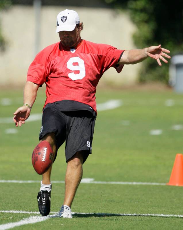 Oakland Raiders punter Shane Lechler during their football training camp in Napa, Calif., Frida ...