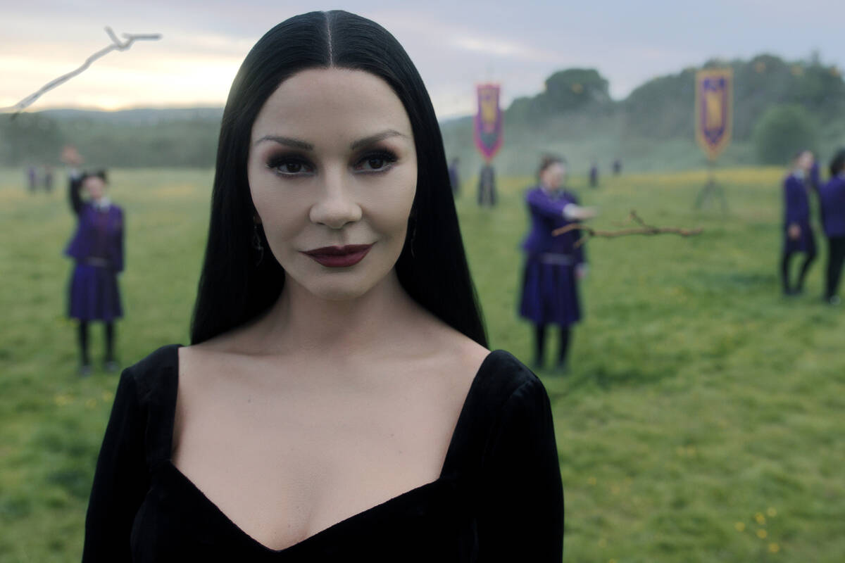 Wednesday. Catherine Zeta-Jones as Morticia Addams in episode 201 of Wednesday. Cr. Courtesy of ...