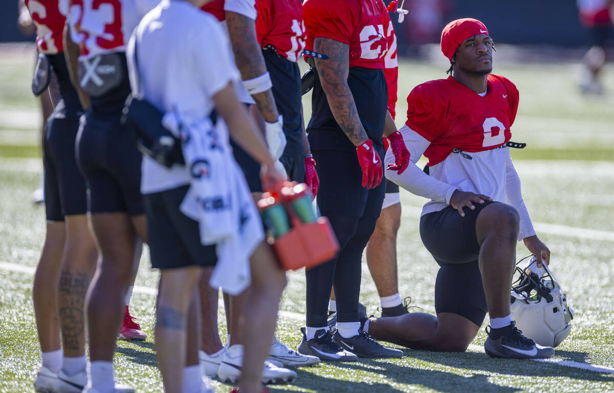 UNLV running back Jai'Den Thomas (9) waits for his next series during football practice at the ...