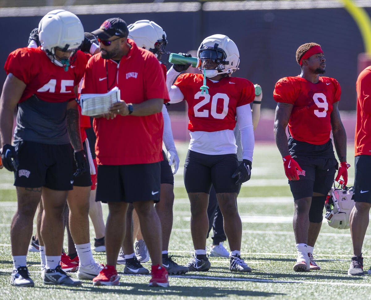 UNLV running back Jai'Den Thomas (9) waits for his next series during football practice at the ...