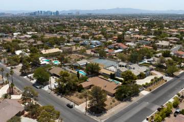 An aerial photo shows homes near Tenaya Way and Rainbow Boulevard on Monday, July 14, 2025, in ...