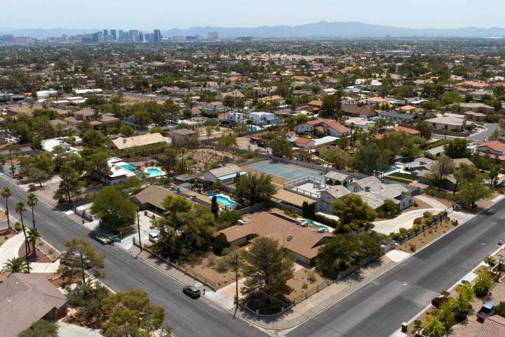 An aerial photo shows homes near Tenaya Way and Rainbow Boulevard on Monday, July 14, 2025, in ...