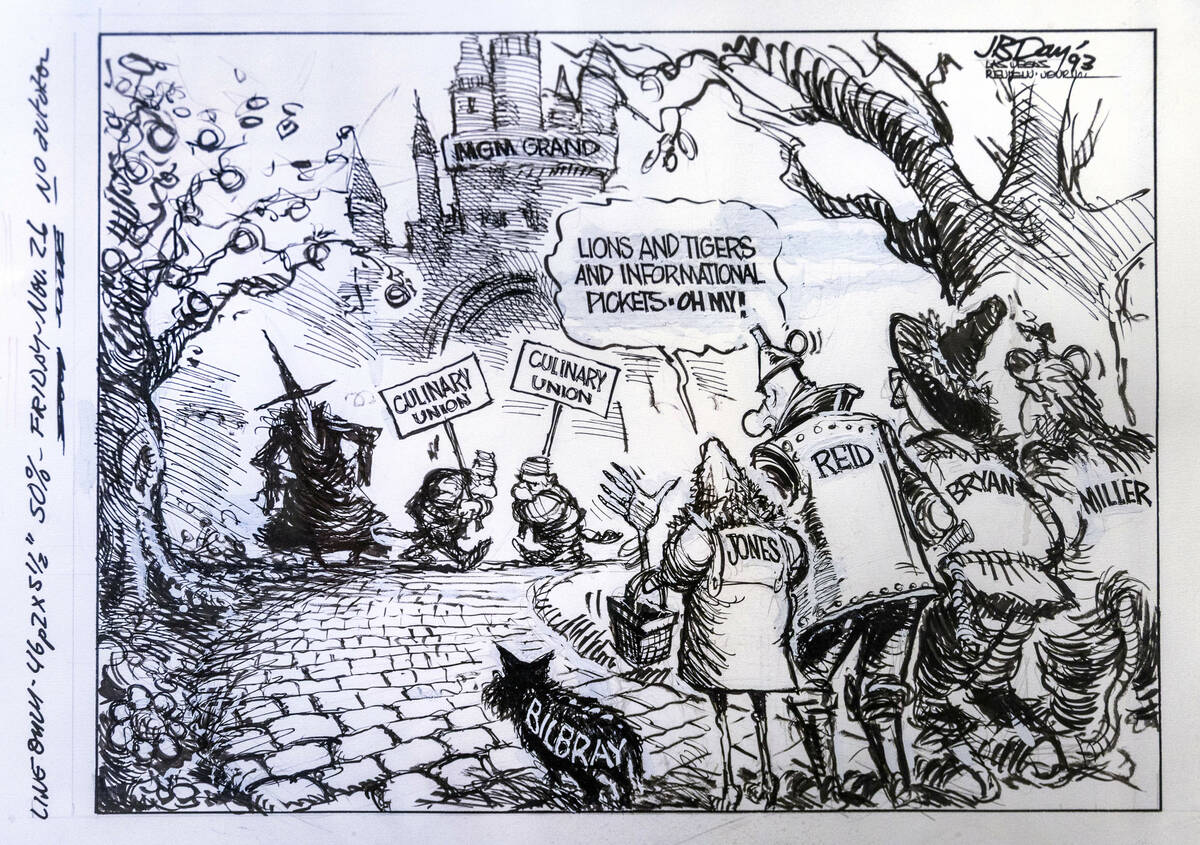 A favorite cartoon featuring former Nevada Governor and U.S. Senator Richard Bryan hangs on the ...