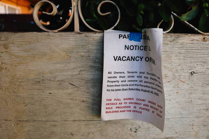 A vacancy notice is posted outside of Randy Frie’s apartment at Paradise Spa on Wednesday, Ju ...