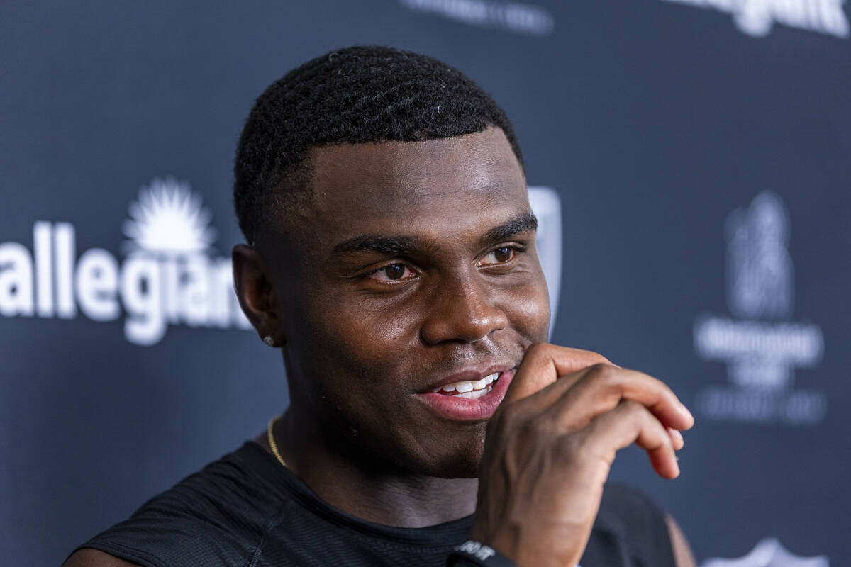 Raiders cornerback Jakorian Bennett (0) answers a question during an interview at training camp ...