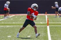 UNLV wide receiver DeAngelo Irvin Jr. (4) catches the ball during a drill at football practice ...