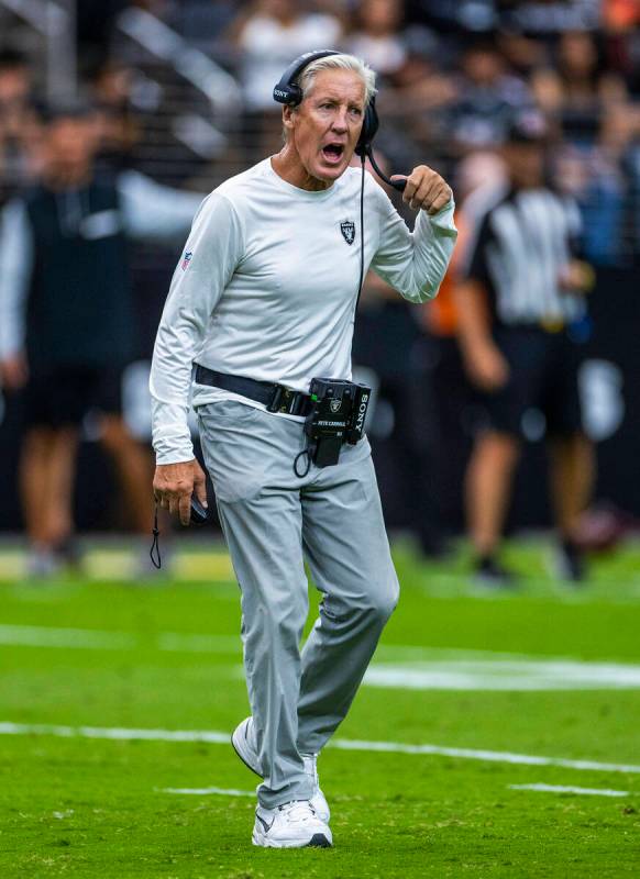 Raiders head coach Pete Carroll argues a call during the first half of a Raiders training camp ...