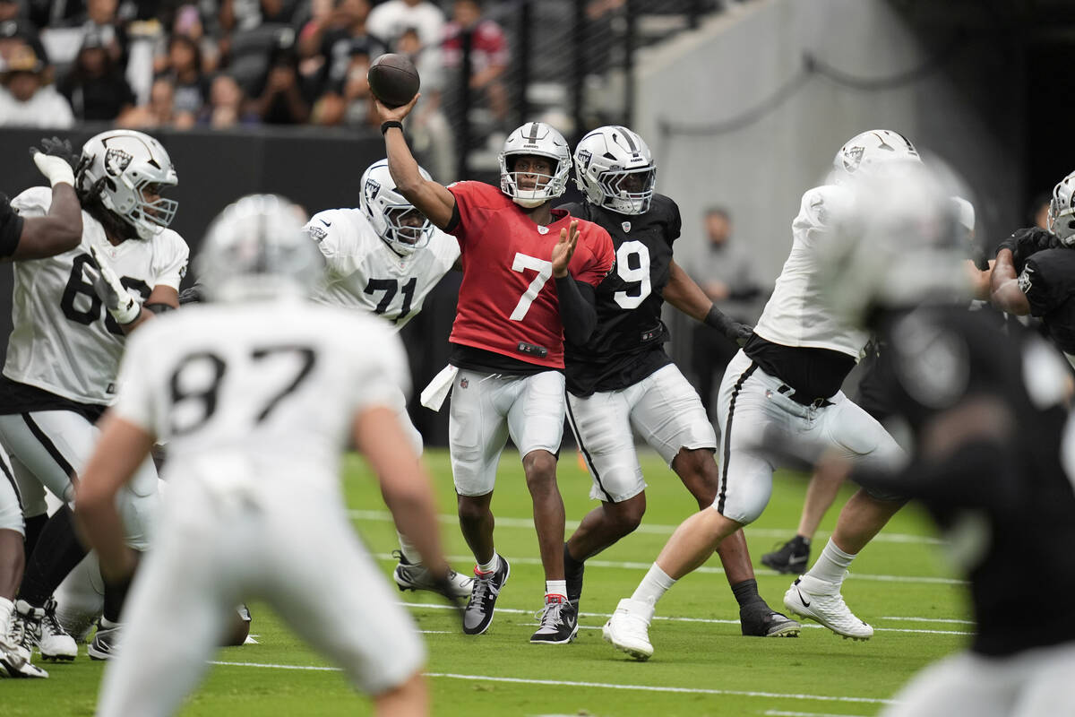 Las Vegas Raiders quarterback Geno Smith (7) throws at the team's NFL football training camp Sa ...